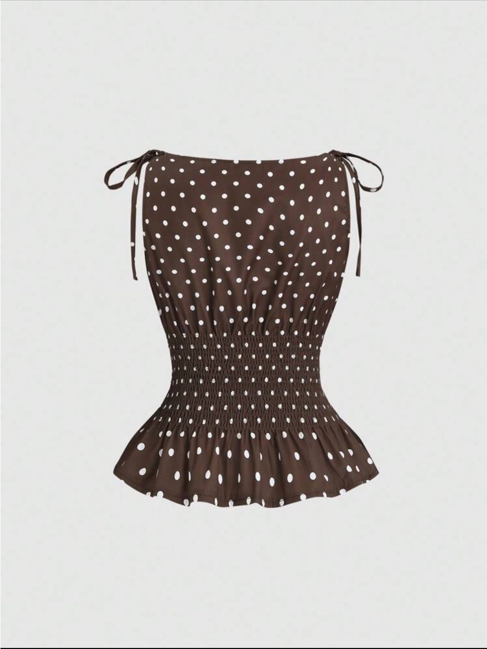 SHEIN Brown Polka Dot Tie-Shoulder Smocked Peplum Camisole